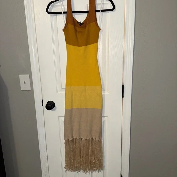 Lulus Delfi Yellow Color Block Fringe Sweater Midi Dress - Picture 6 of 11